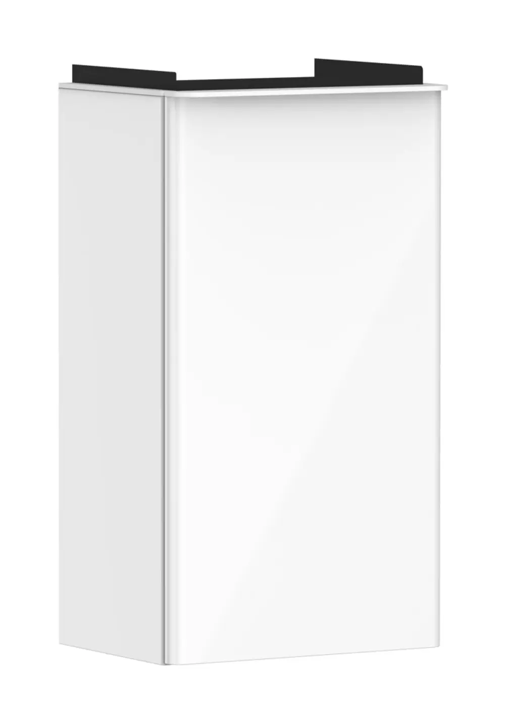 Hochglänzender Waschtischunterschrank in Weiß von Hansgrohe mit einem seitlichen Türanschlag. Schlichte Formgebung, geeignet für ein Handwaschbecken.